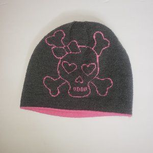 GRAY WITH PINK SKULL Reversible Stripes Winter Beanie Hat